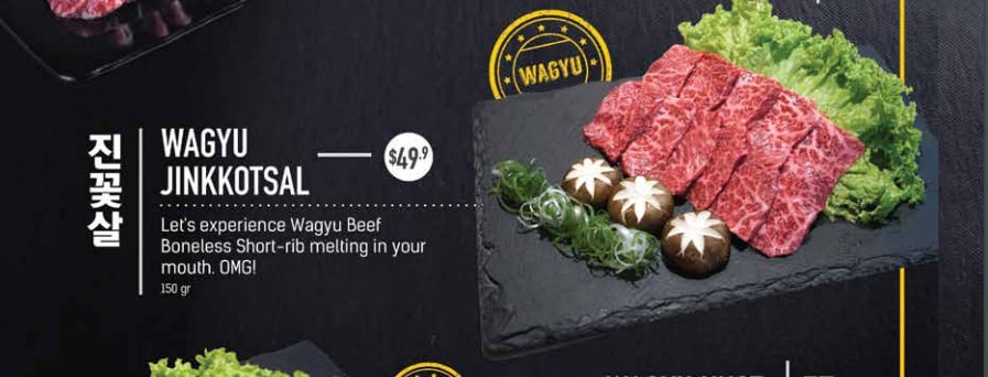 A menu display featuring Wagyu Jinkkotsal (boneless short-rib) with its price and description.