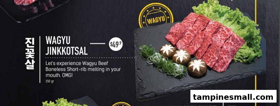A menu display featuring Wagyu Jinkkotsal (boneless short-rib) with its price and description.