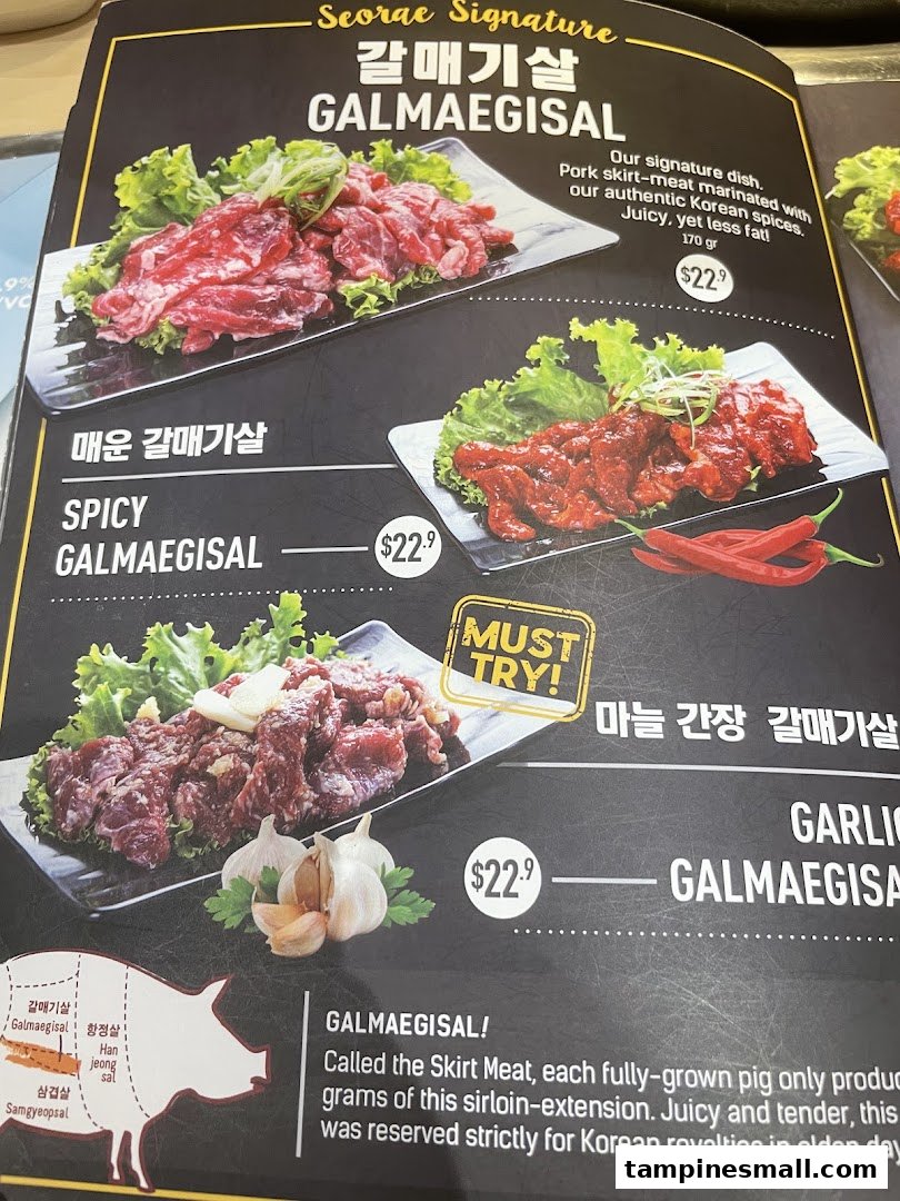 A menu page from Seorae Jib showcasing various Galmaegisal (pork skirt meat) dishes with prices and descriptions.