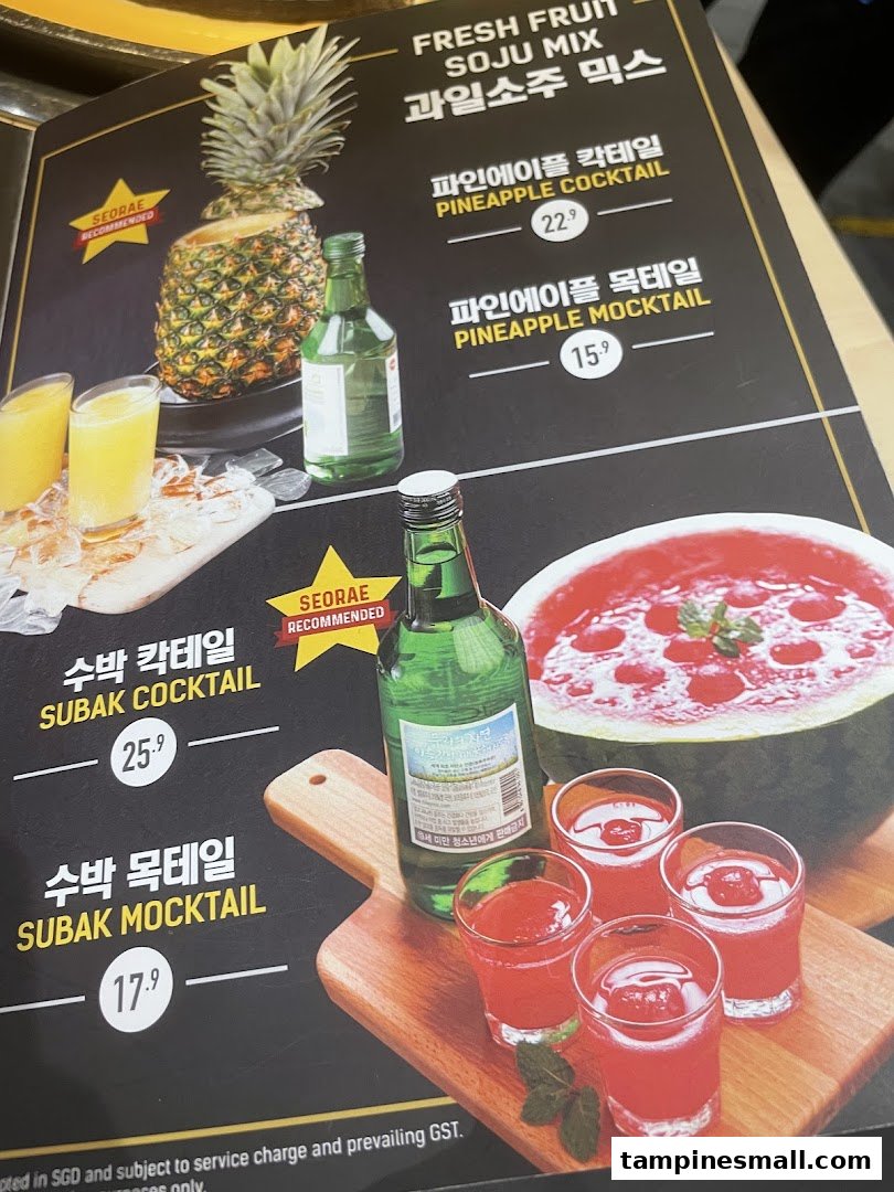 A menu displaying fresh fruit soju mixes and mocktails, including pineapple and watermelon options.