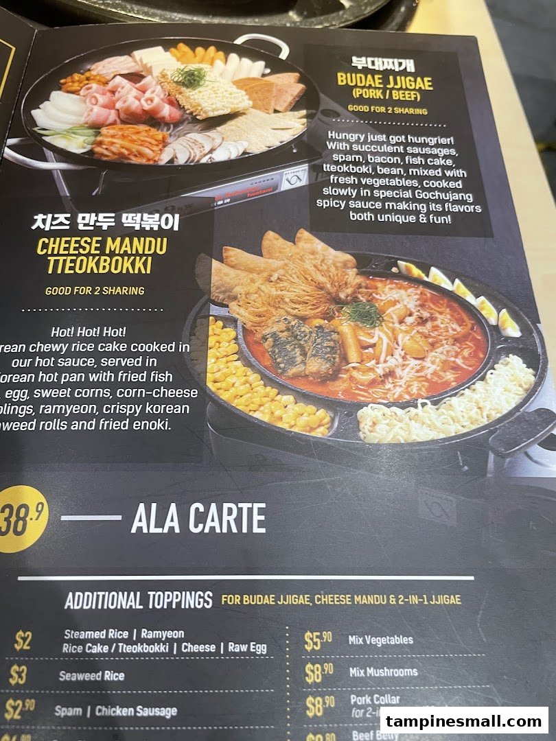 A menu page showcasing Korean hot pot dishes and various toppings with descriptions and prices.
