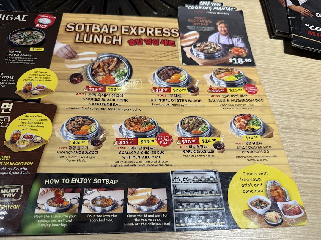 A detailed menu displaying various Korean Sotbap Express Lunch sets and other traditional dishes.