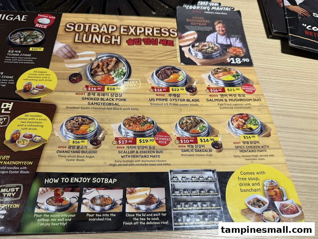 A detailed menu displaying various Korean Sotbap Express Lunch sets and other traditional dishes.