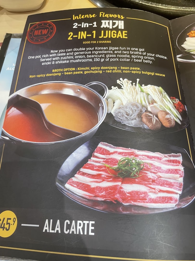 A menu page showcasing Seorae Jib's new 2-in-1 Korean jjigae with ingredients and broth options.