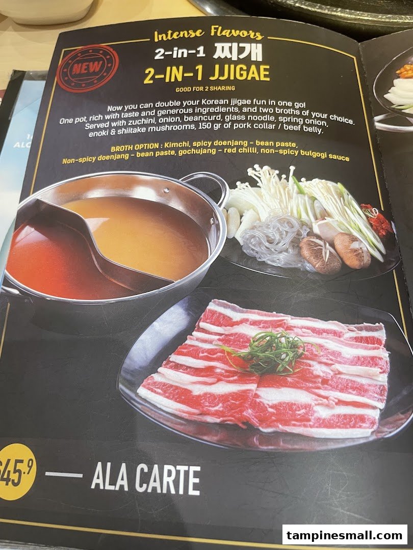 A menu page showcasing Seorae Jib's new 2-in-1 Korean jjigae with ingredients and broth options.