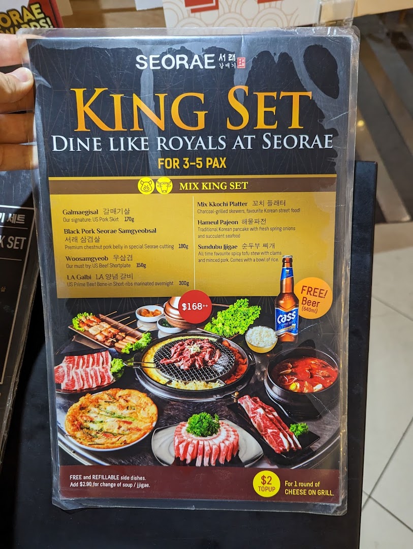 A detailed menu for Seorae Jib's 'King Set' featuring various Korean BBQ meats, stews, and sides.
