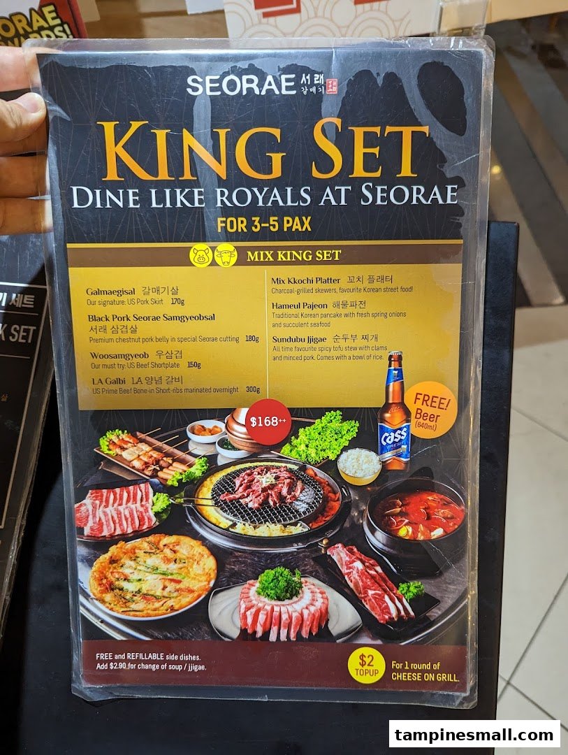 A detailed menu for Seorae Jib's 'King Set' featuring various Korean BBQ meats, stews, and sides.