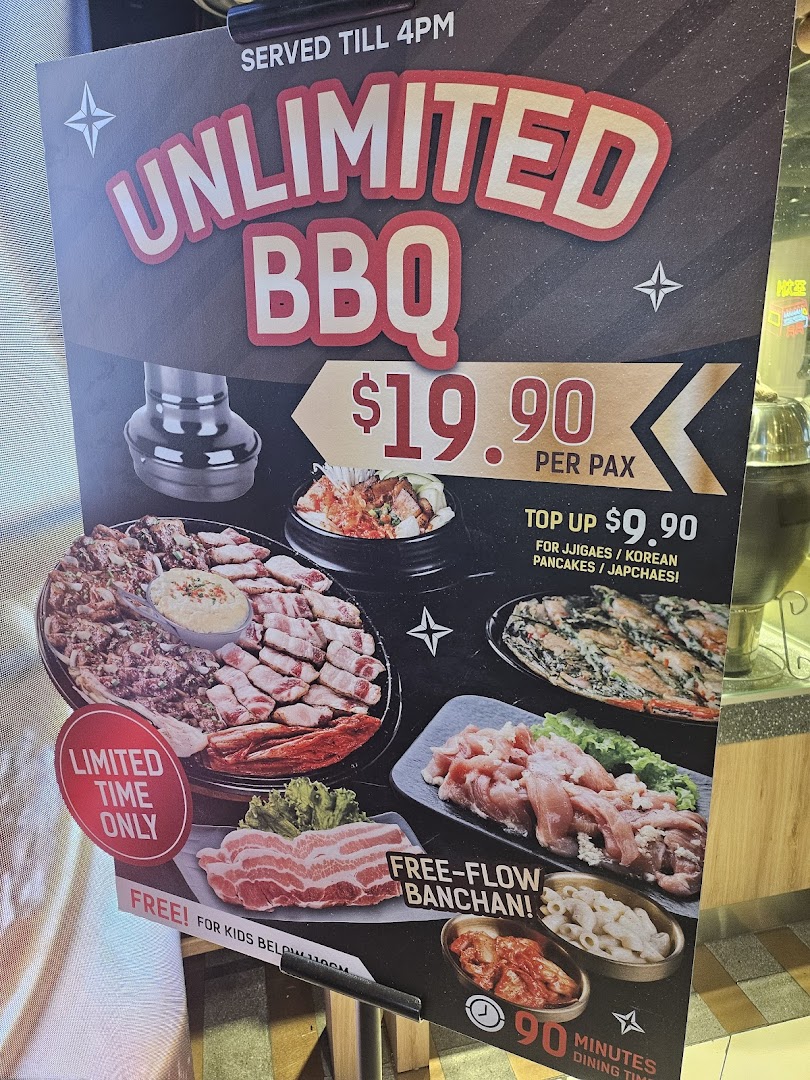 A promotional poster for Seorae Jib's unlimited Korean BBQ offer with pricing and details.