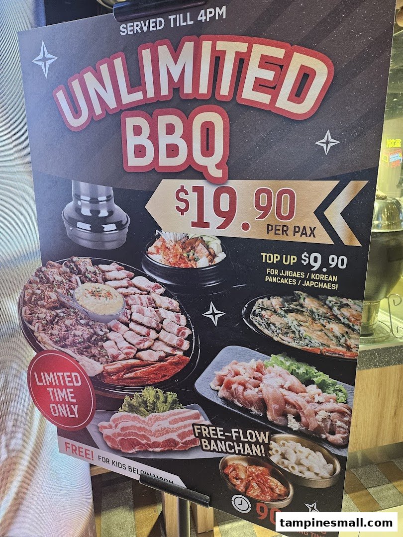 A promotional poster for Seorae Jib's unlimited Korean BBQ offer with pricing and details.