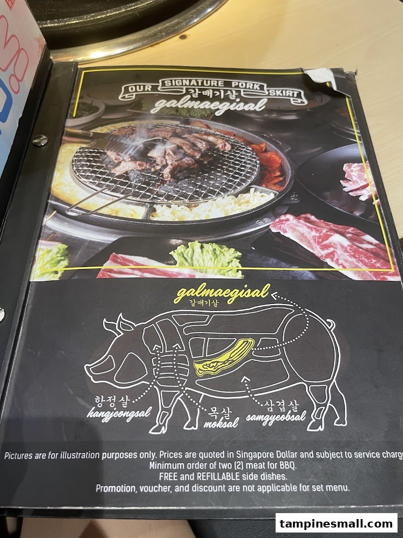 A menu page from Seorae Jib showcasing their signature pork skirt (galmaegisal) and other pork cuts.