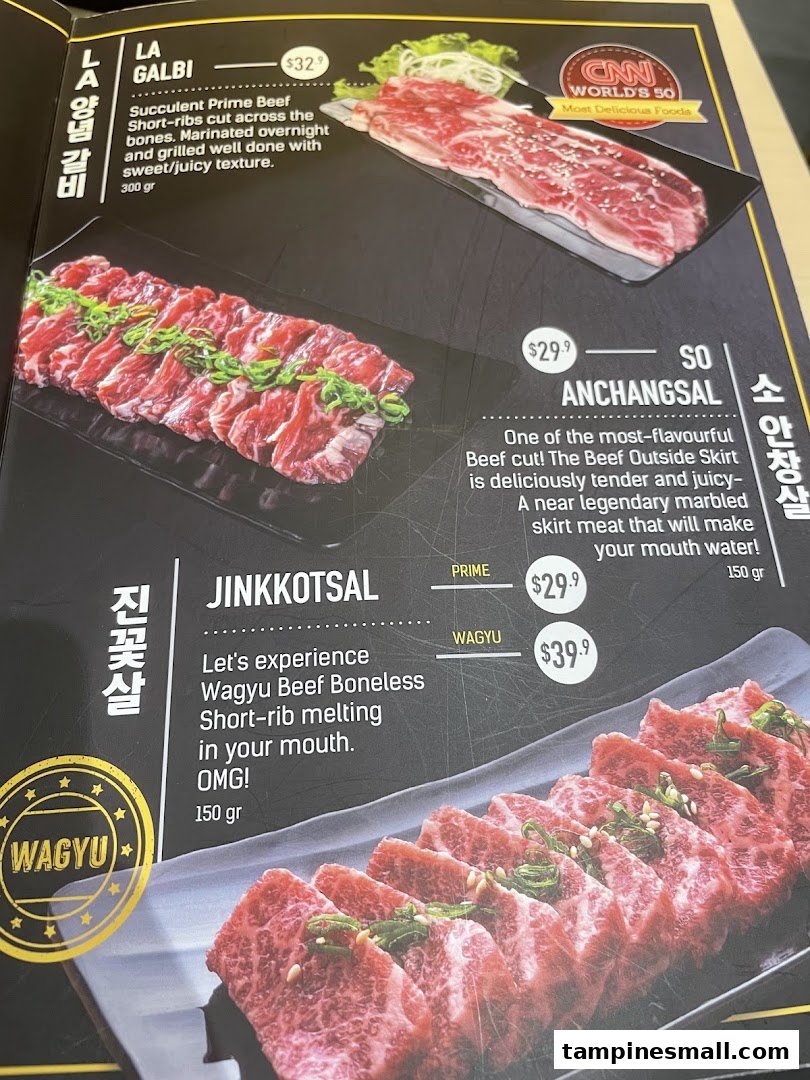 A menu page from Seorae Jib showcasing various premium beef cuts with descriptions and prices.