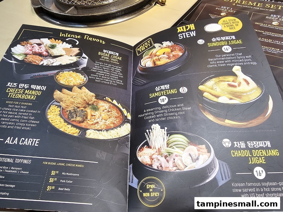 A detailed menu page from Seorae Jib, showcasing Korean stews and hot pot dishes with descriptions and prices.