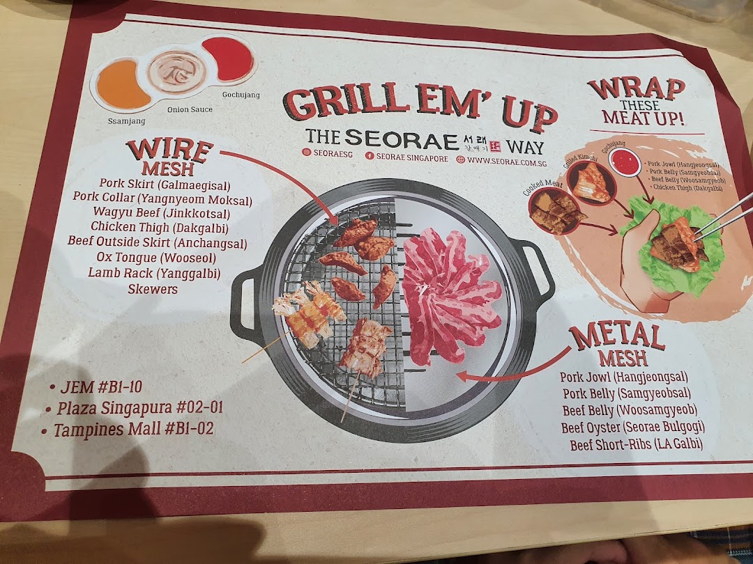 A Korean BBQ menu placemat from Seorae Jib, detailing meat cuts for grilling and serving suggestions.