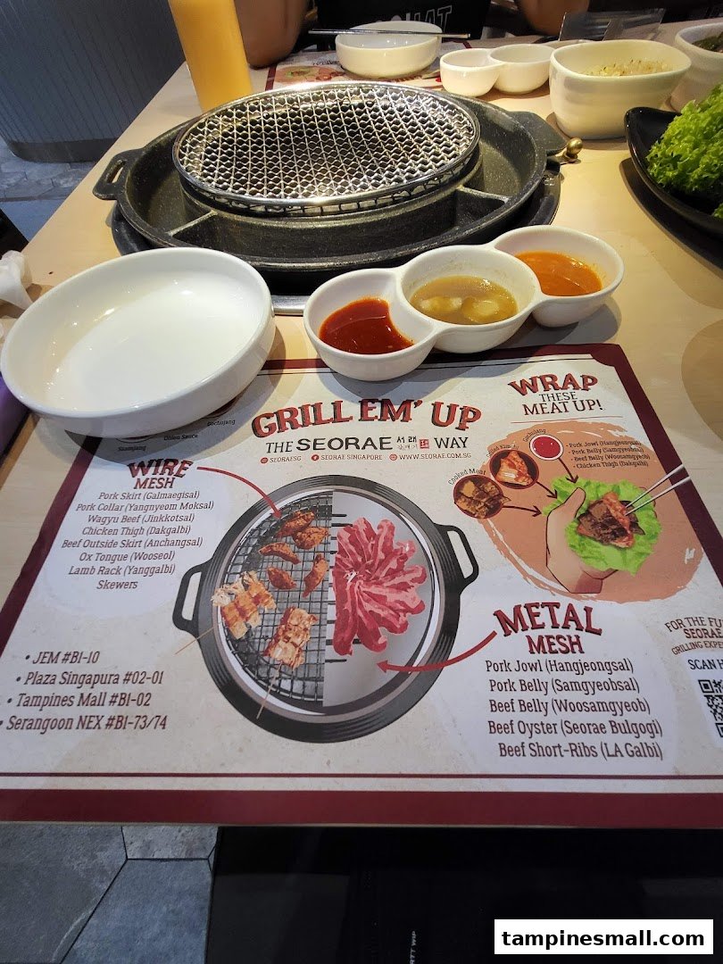 A Korean BBQ table setup featuring a grill, sauces, and a placemat detailing various meat cuts for grilling.