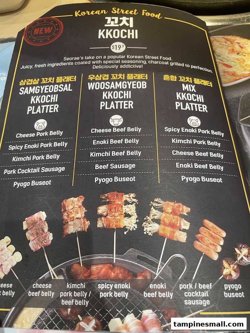 A menu page from Seorae Jib showcasing various Korean Kkochi (skewers) platters.