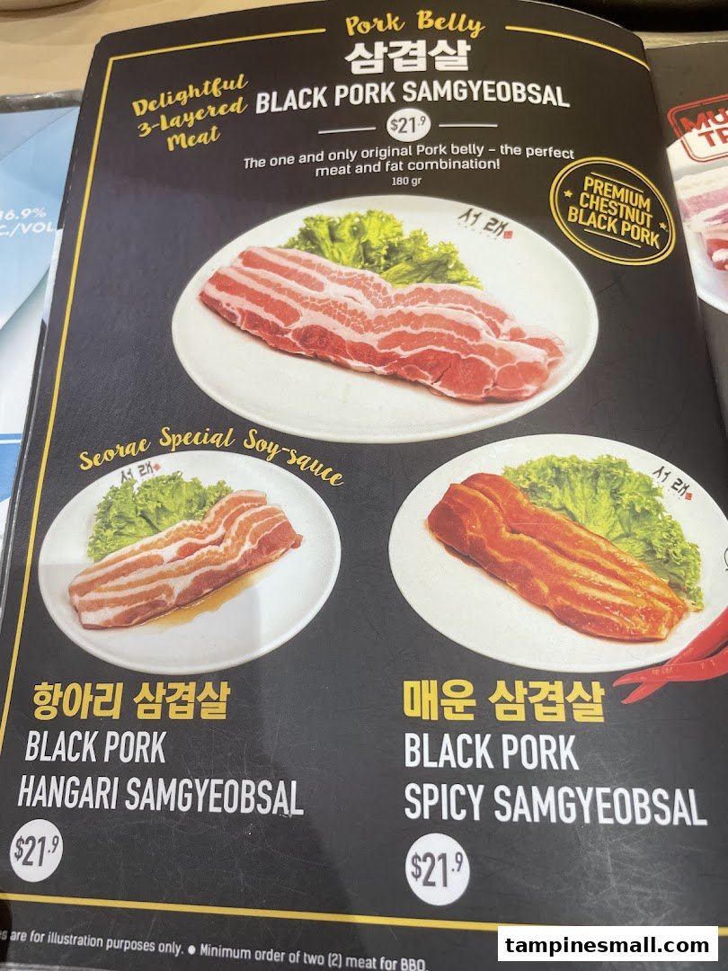 A menu page from Seorae Jib showcasing various black pork samgyeobsal dishes with prices.