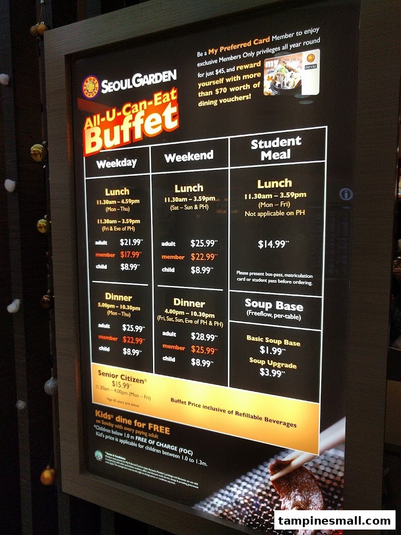A digital menu board displaying Seoul Garden's all-you-can-eat buffet prices and promotions.