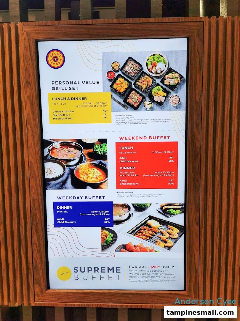 A digital menu board for Seoul Garden, displaying various grill sets and buffet options with prices and timings.