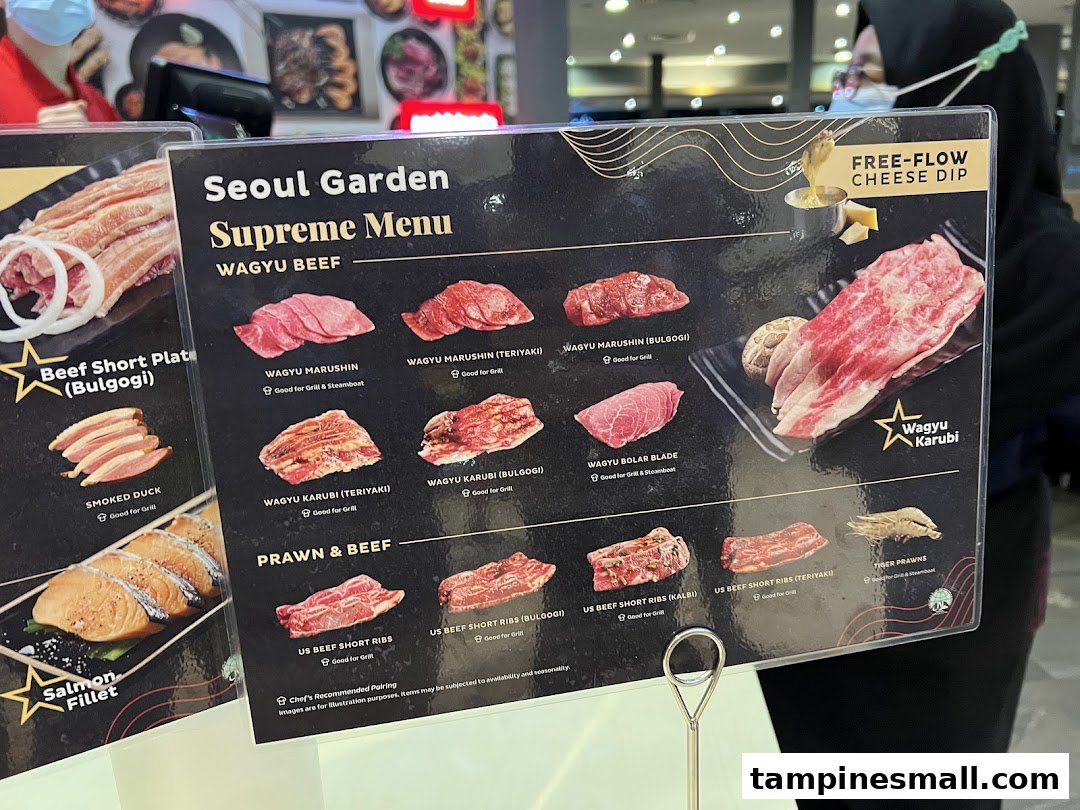 A menu display from Seoul Garden showcasing their Supreme Menu with various Wagyu beef and seafood options.
