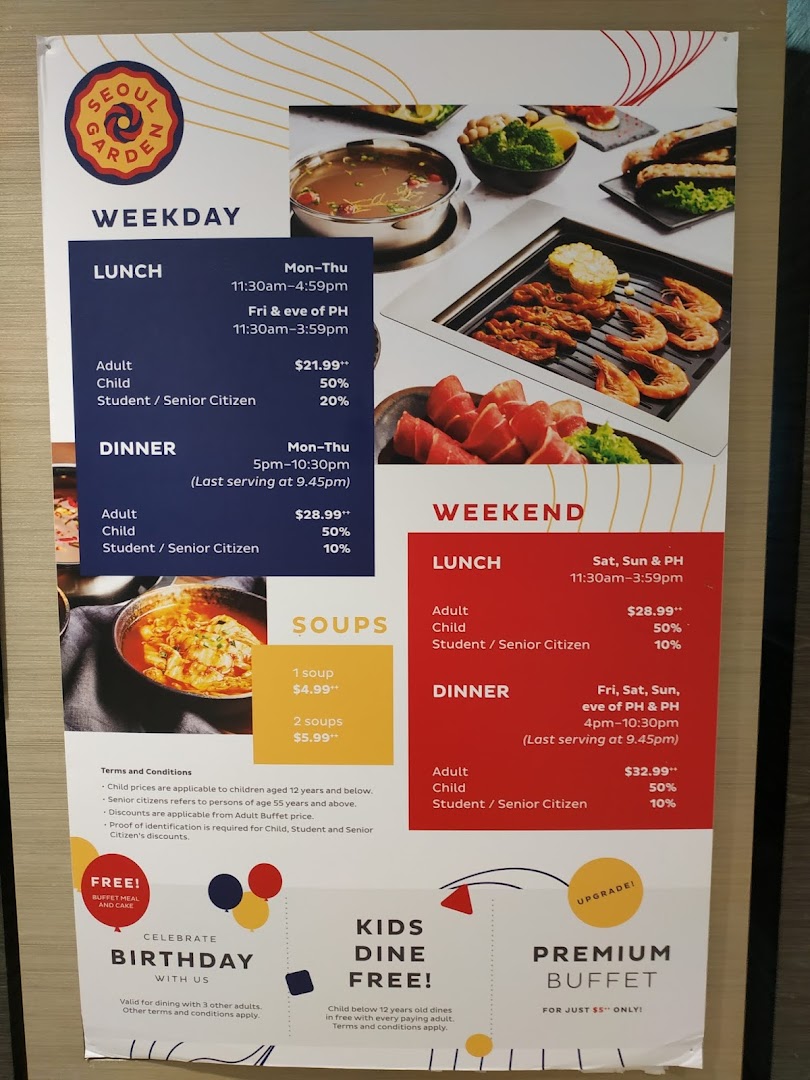 A detailed menu for Seoul Garden, showcasing buffet prices for weekday and weekend lunch/dinner, soup options, and special promotions.
