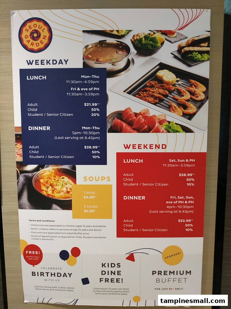 A detailed menu for Seoul Garden, showcasing buffet prices for weekday and weekend lunch/dinner, soup options, and special promotions.