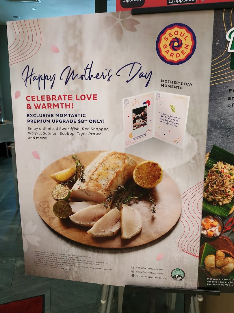 A promotional poster for Seoul Garden's Mother's Day special, featuring a premium food upgrade offer.