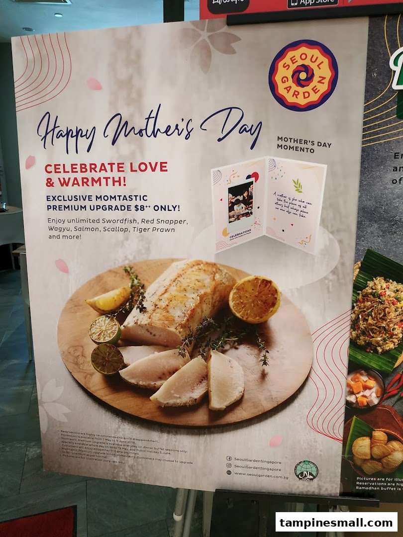 A promotional poster for Seoul Garden's Mother's Day special, featuring a premium food upgrade offer.