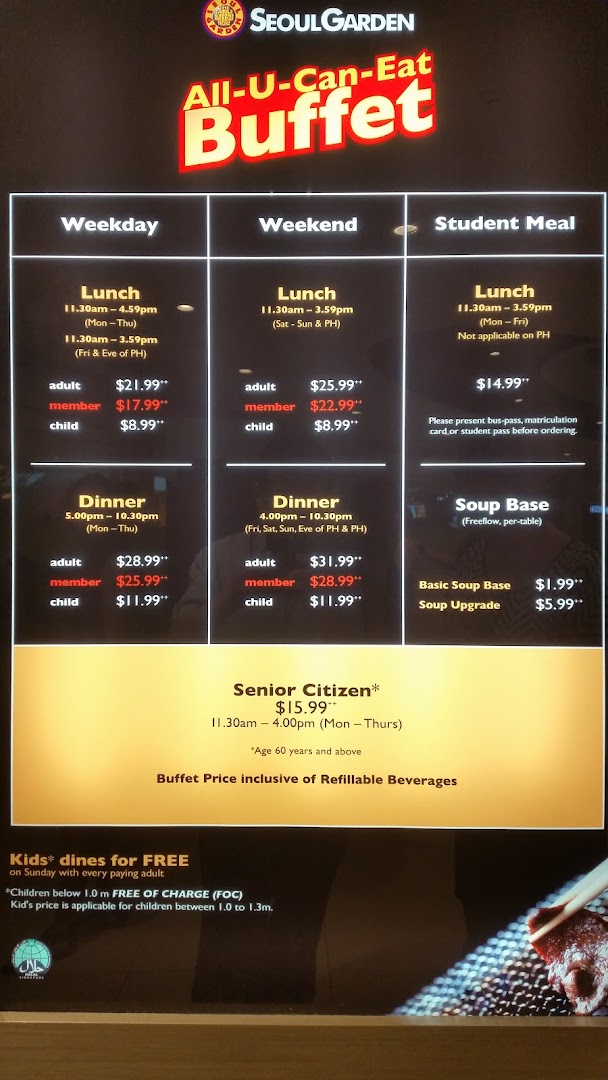 A detailed menu board displaying buffet prices and special offers for Seoul Garden.