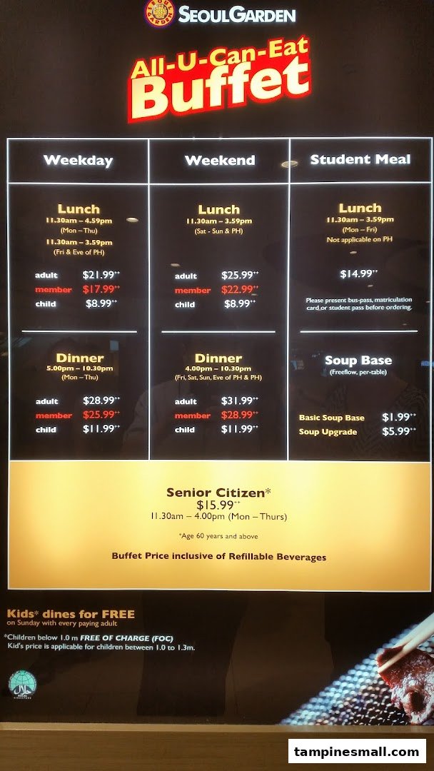 A detailed menu board displaying buffet prices and special offers for Seoul Garden.
