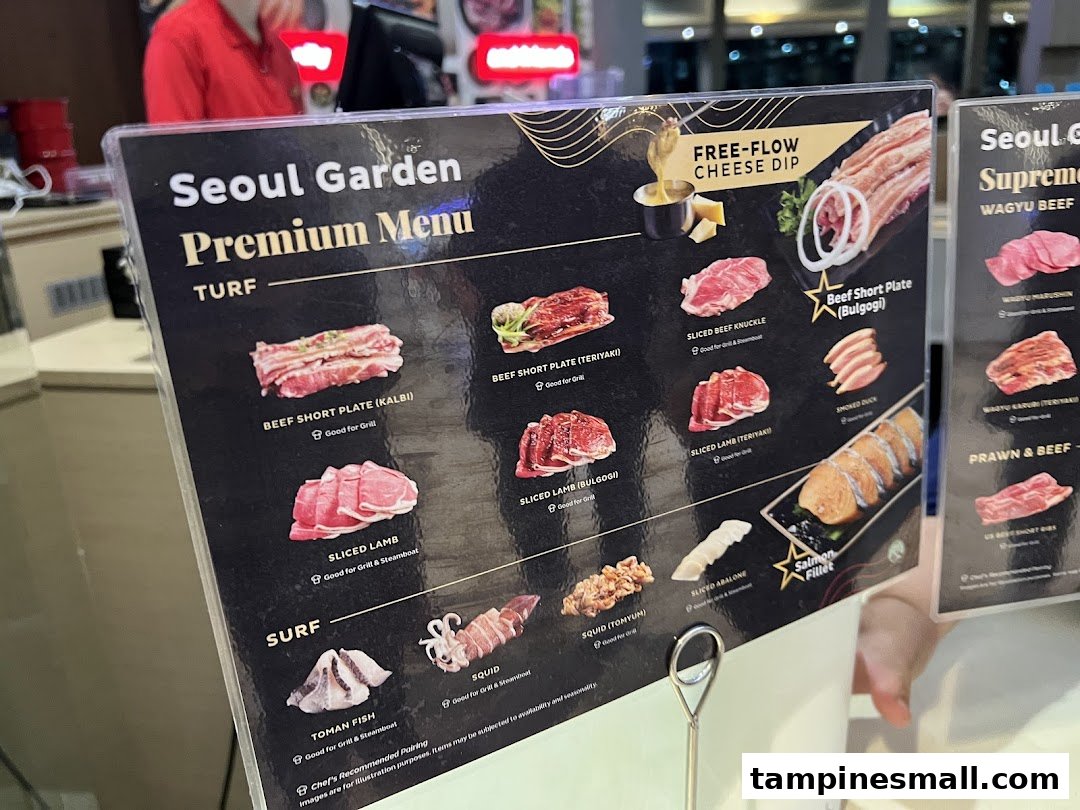 A close-up view of Seoul Garden's Premium Menu, showcasing various meat and seafood options.
