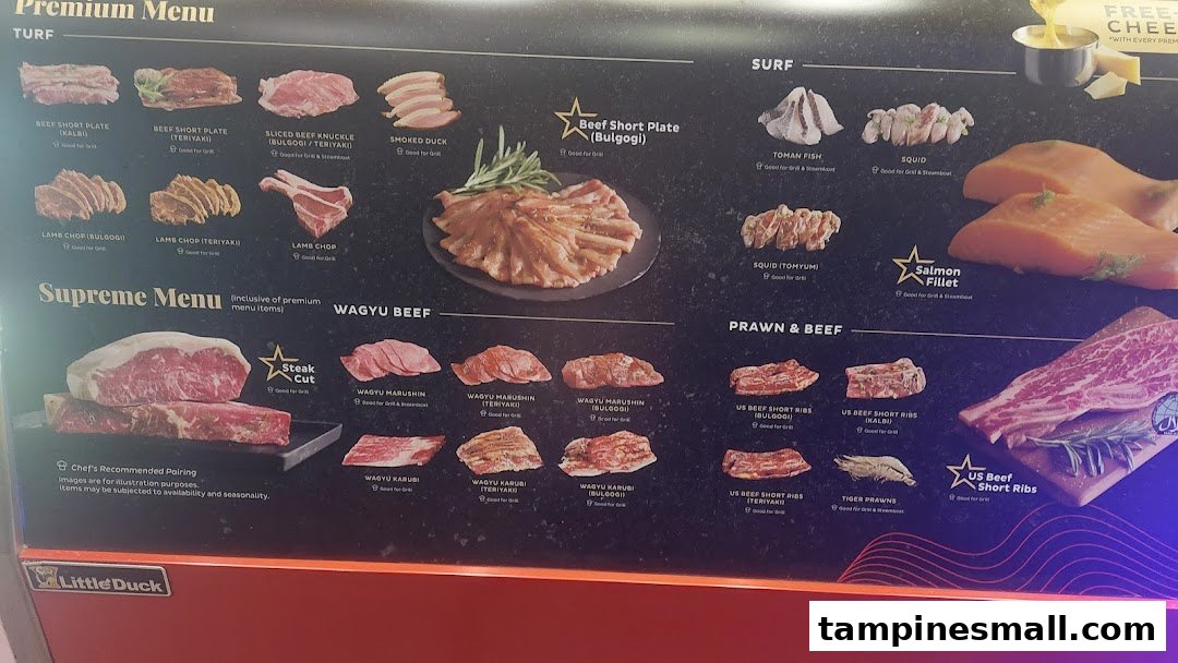 A detailed menu board showcasing various premium and supreme meat and seafood options for grilling.
