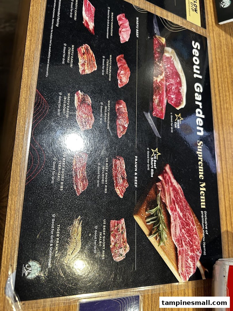 A close-up of Seoul Garden's Supreme Menu, showcasing premium meats and seafood for grilling.