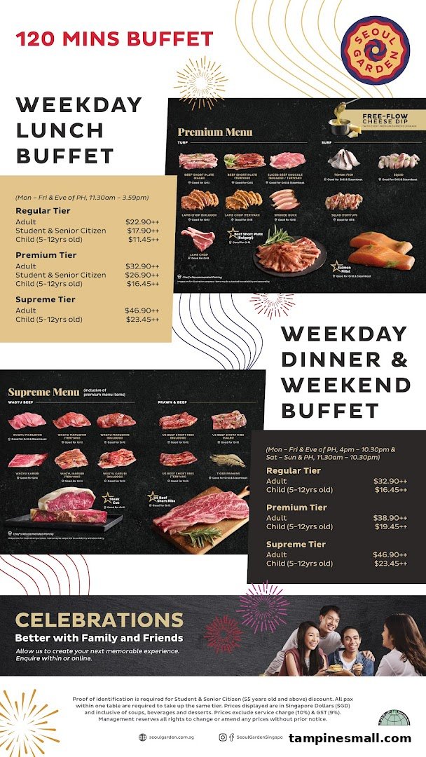 A comprehensive menu displaying buffet tiers, prices, and food items for Seoul Garden.