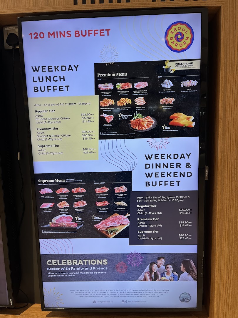 A digital display showcasing Seoul Garden's buffet prices, tiers, and premium menu items.