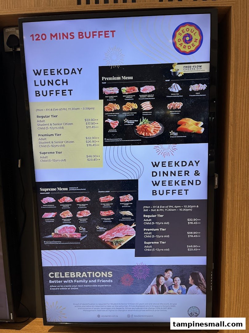 A digital display showcasing Seoul Garden's buffet prices, tiers, and premium menu items.