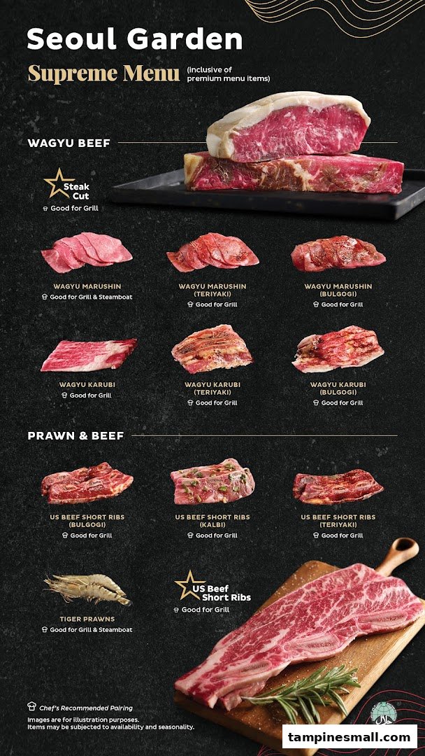 A menu showcasing premium Wagyu beef, US beef short ribs, and tiger prawns for grilling and steamboat.