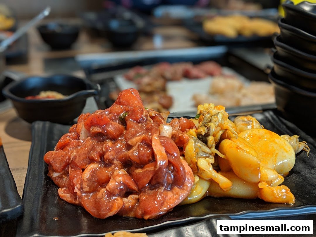 Close-up of marinated meat and seafood on black plates, ready for a hotpot or BBQ meal.