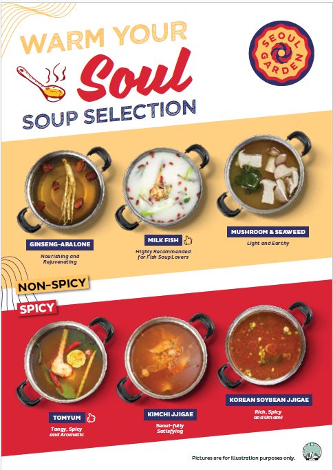 A menu showcasing Seoul Garden's diverse soup selection, categorized into non-spicy and spicy options.