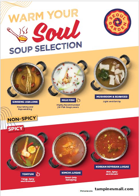 A menu showcasing Seoul Garden's diverse soup selection, categorized into non-spicy and spicy options.