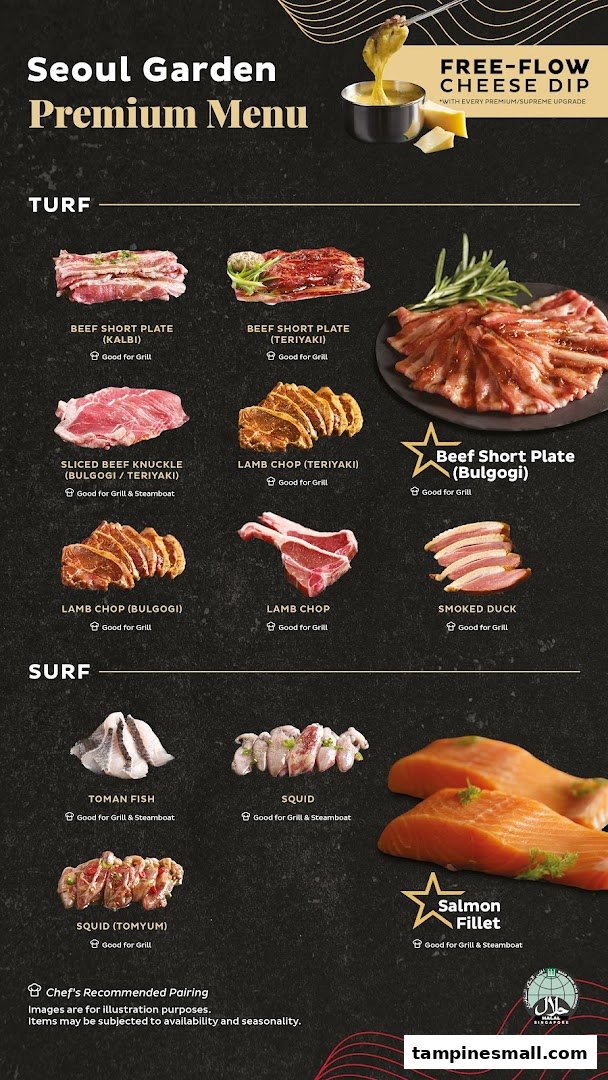 Seoul Garden's premium menu featuring a variety of meats, seafood, and a free-flow cheese dip.