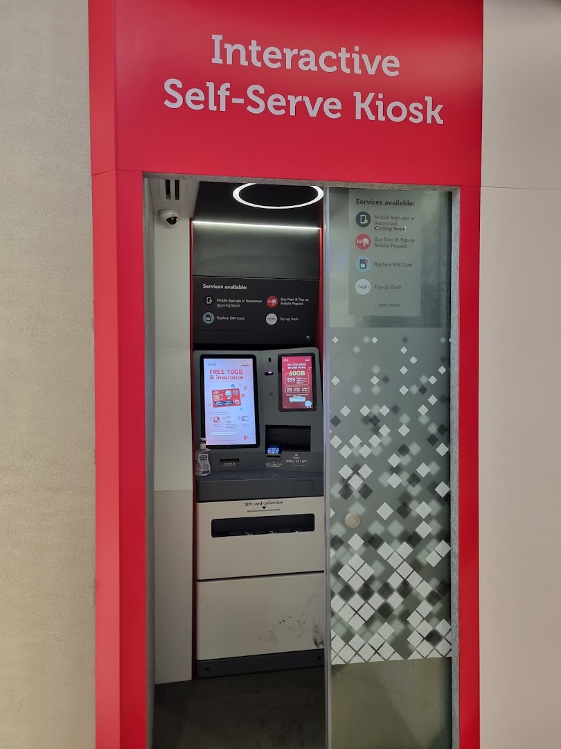 A Singtel interactive self-serve kiosk offering various mobile services and SIM card collection.