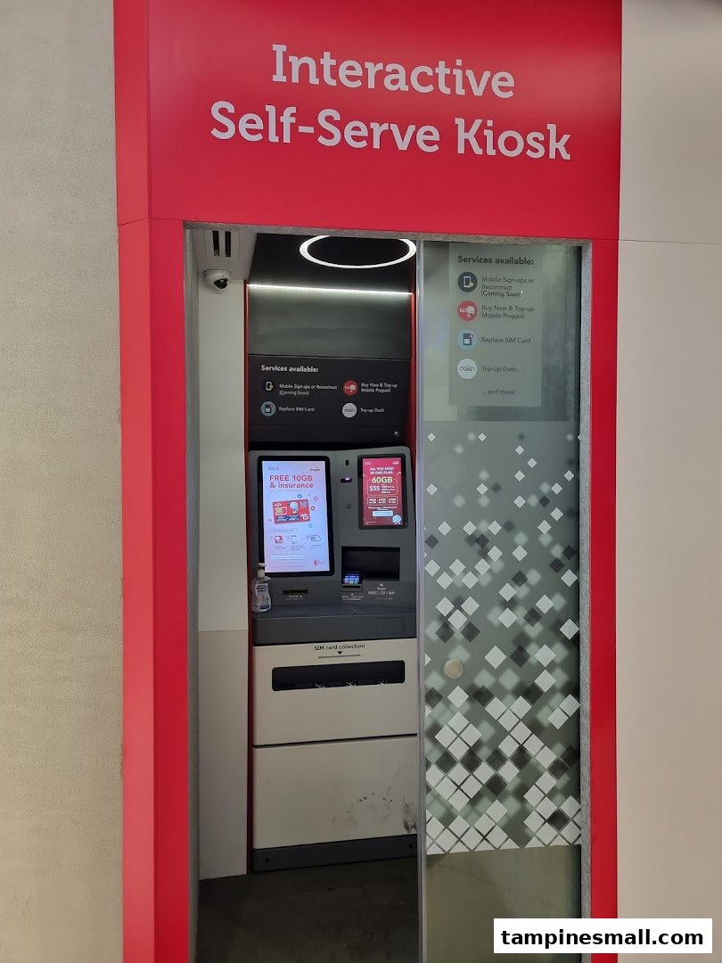 A Singtel interactive self-serve kiosk offering various mobile services and SIM card collection.