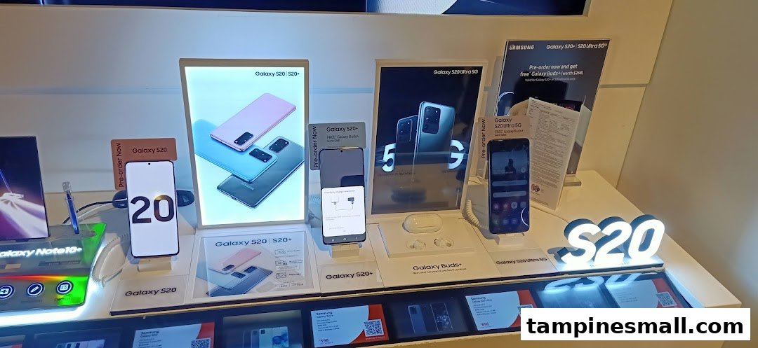 A vibrant display showcasing the latest Samsung Galaxy S20 series smartphones and accessories at Singtel.