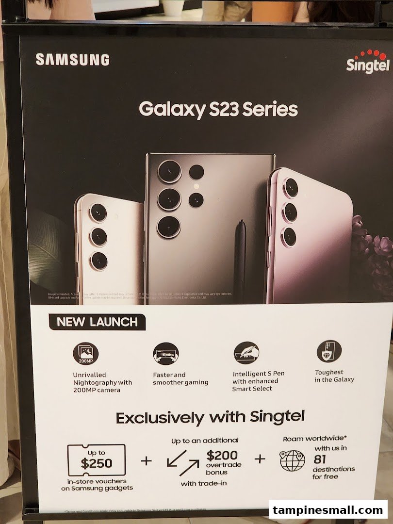 A promotional display for the Samsung Galaxy S23 Series, highlighting features and Singtel exclusive offers.