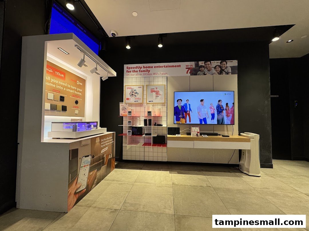 Interior view of Singtel Shop showcasing smart home solutions and entertainment plans.