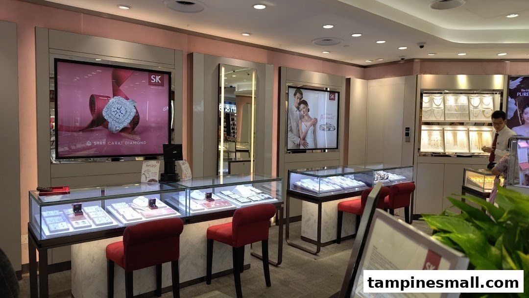 Interior view of SK Gold jewelry store with display cases, digital screens, and a staff member.