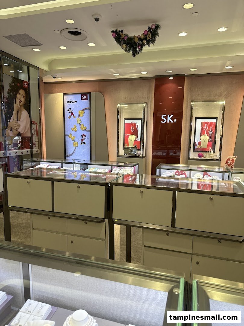 Interior view of SK Gold jewelry store showcasing display cases, branded signage, and festive decorations.
