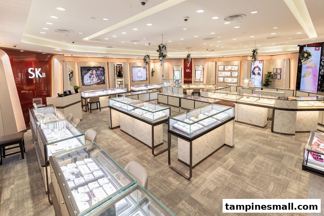 A wide view of the SK Gold jewelry store interior, showcasing numerous illuminated display cases.
