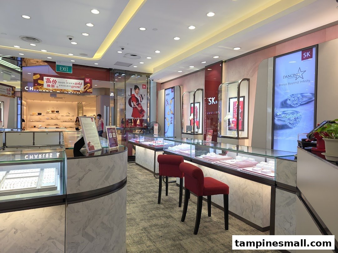 Interior view of SK Gold jewelry store, showcasing display cases with gold and diamond pieces and promotional posters.