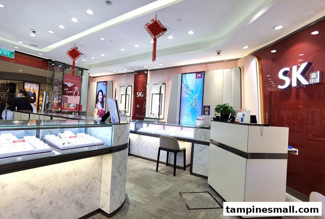 Interior view of SK Gold jewelry shop, featuring display cases, promotional screens, and a modern counter.